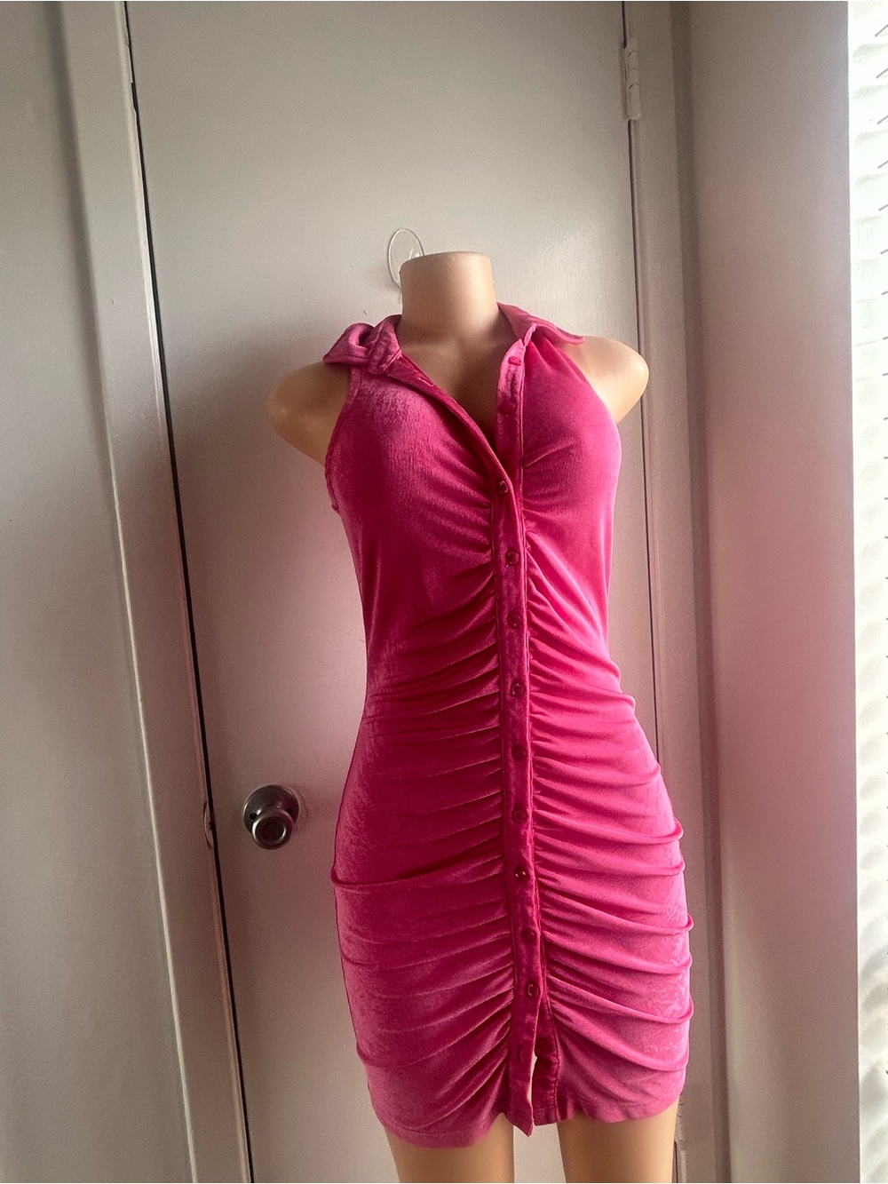 Fuchsia Ruched Button-Front Halter Dress - Picture 3 of 5